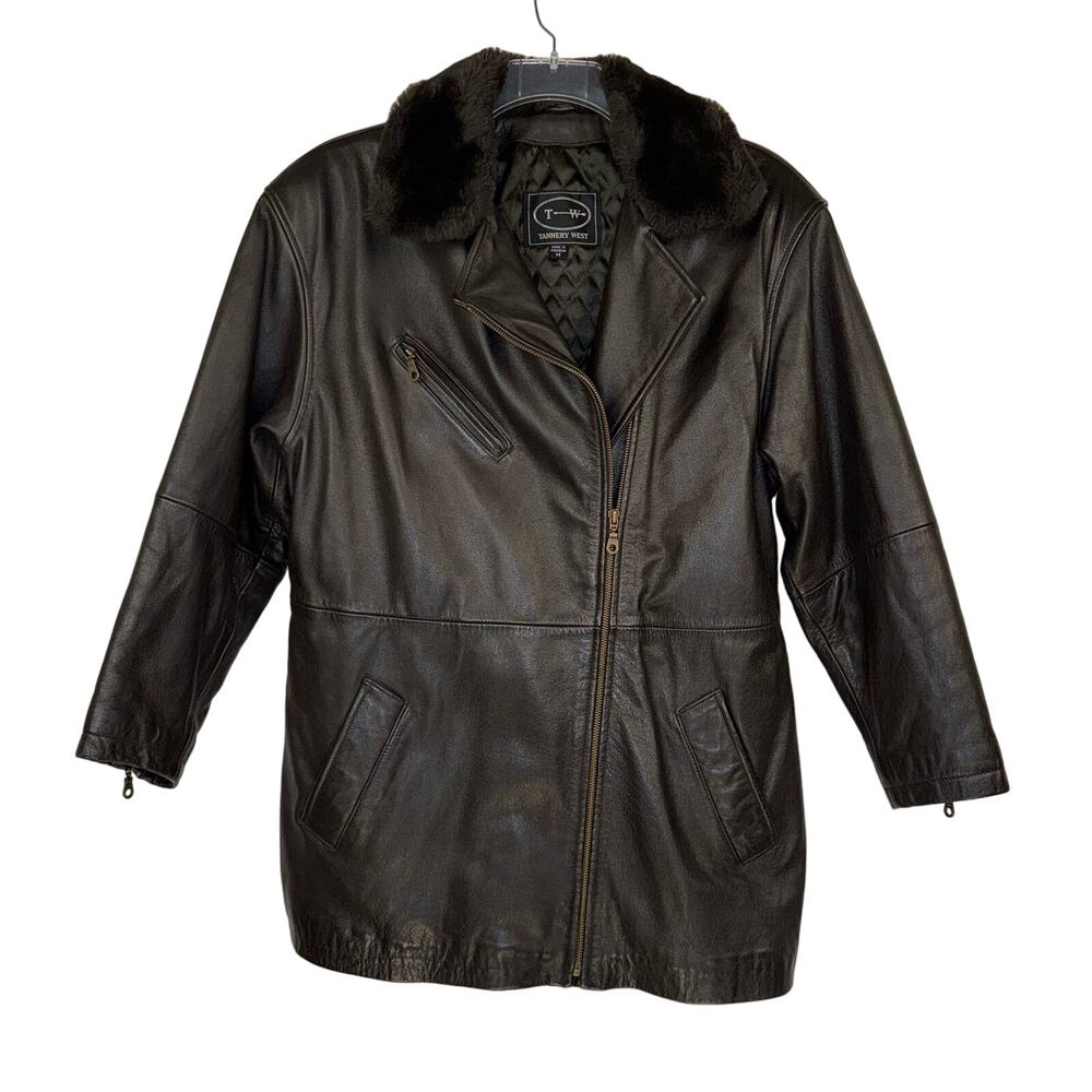 TANNERY WEST Brown Moto Leather Long Faux Fur Collar Zip Jacket Women's Medium